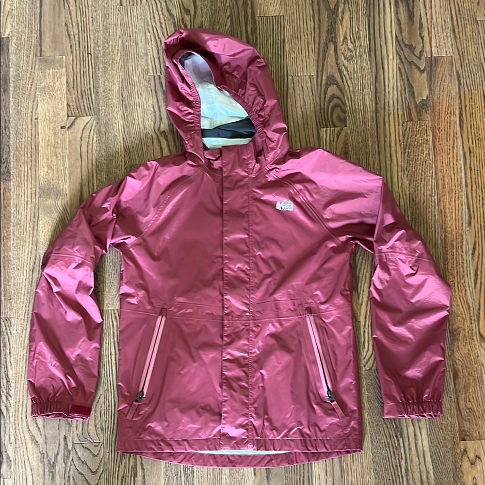 REI Burgundy Hooded Rain Jacket Kids 14-16 Large